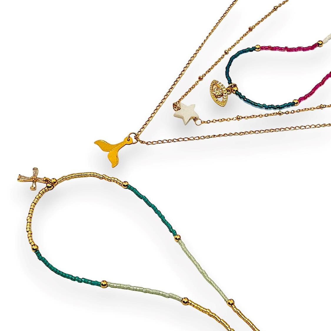 Whale Tail Pendant Necklace, Star Pendant Necklace, Cross Pendant Miyuki Necklace and Eye Pendant Miyuki Necklace