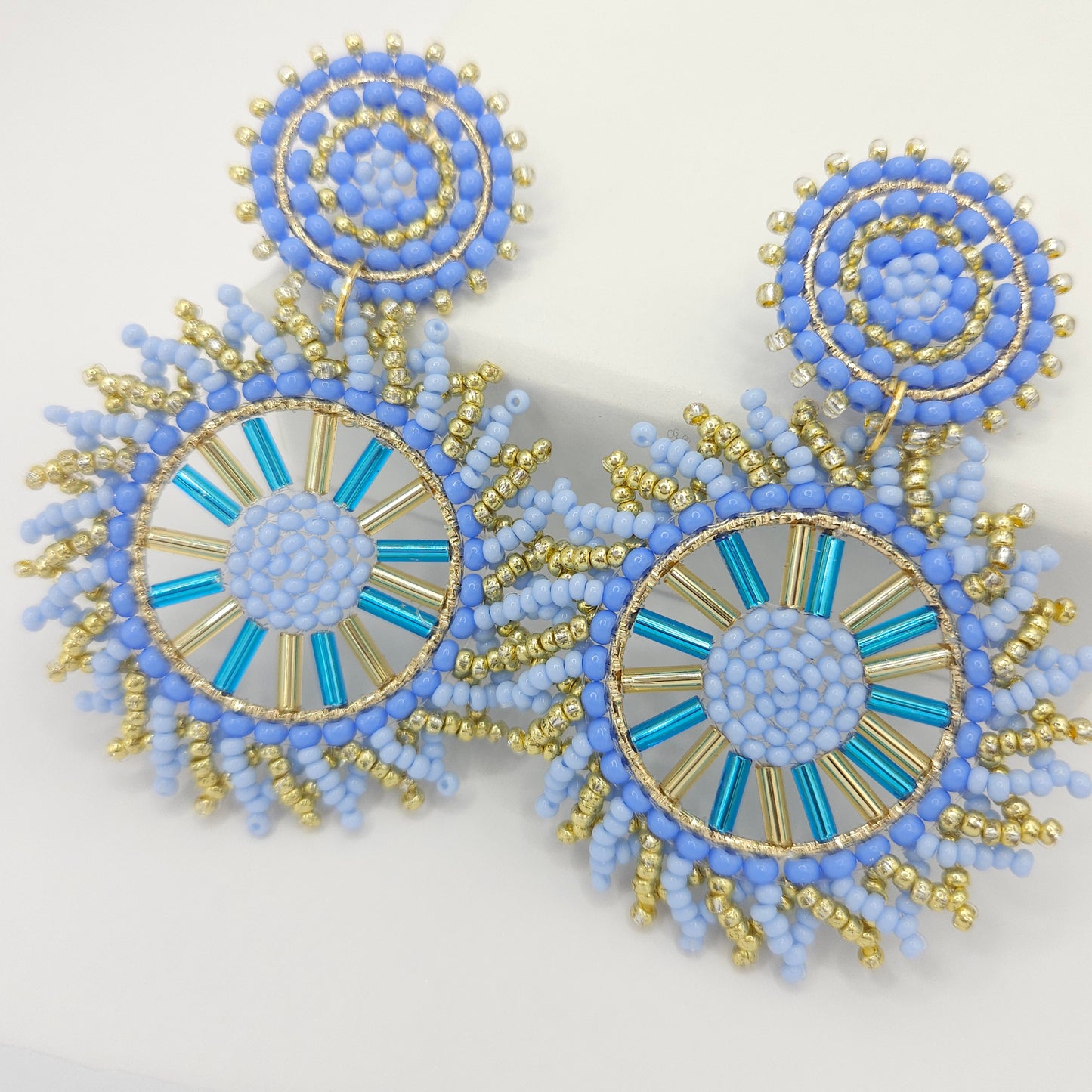 Flaming sun-shaped earrings made of Czech beads and Glass bugle beads
