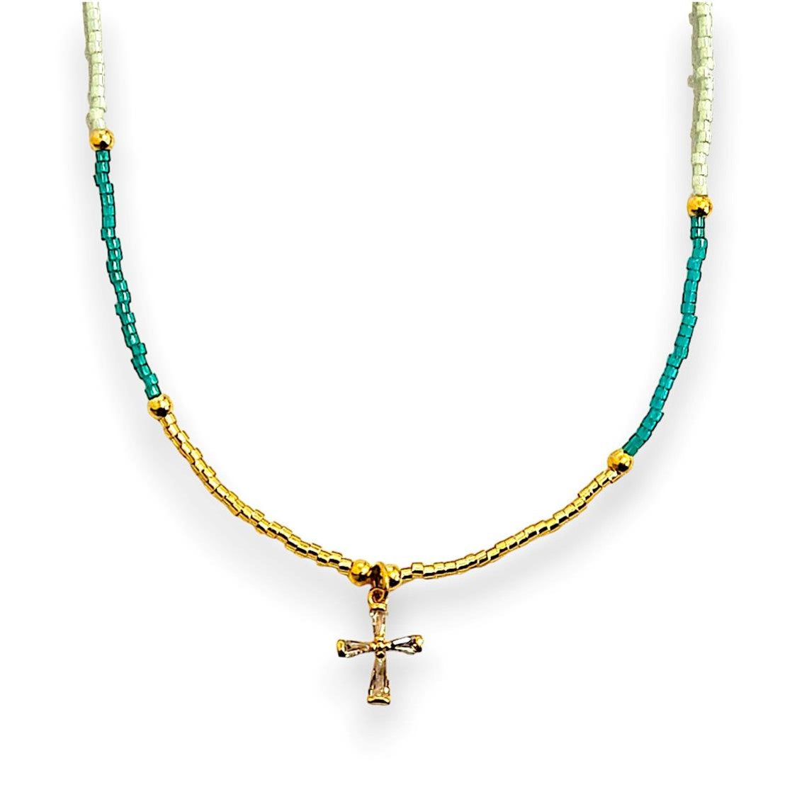 Handmade necklace featuring an array of colourful Miyuki beads and a stunning gold cross pendant