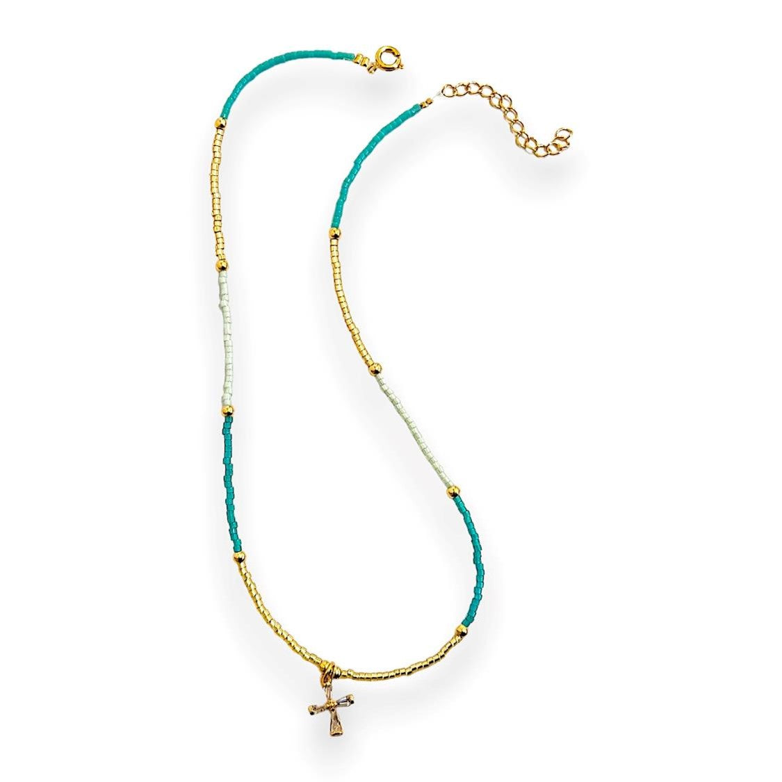Handmade necklace featuring an array of colourful Miyuki beads and a stunning gold cross pendant