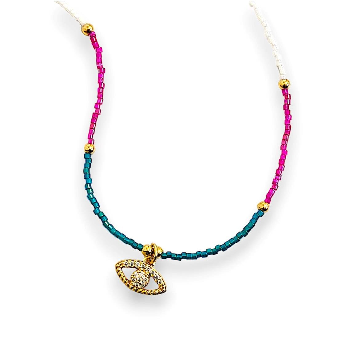 Handmade necklace featuring an array of colourful Miyuki beads and a captivating gold eye pendant
