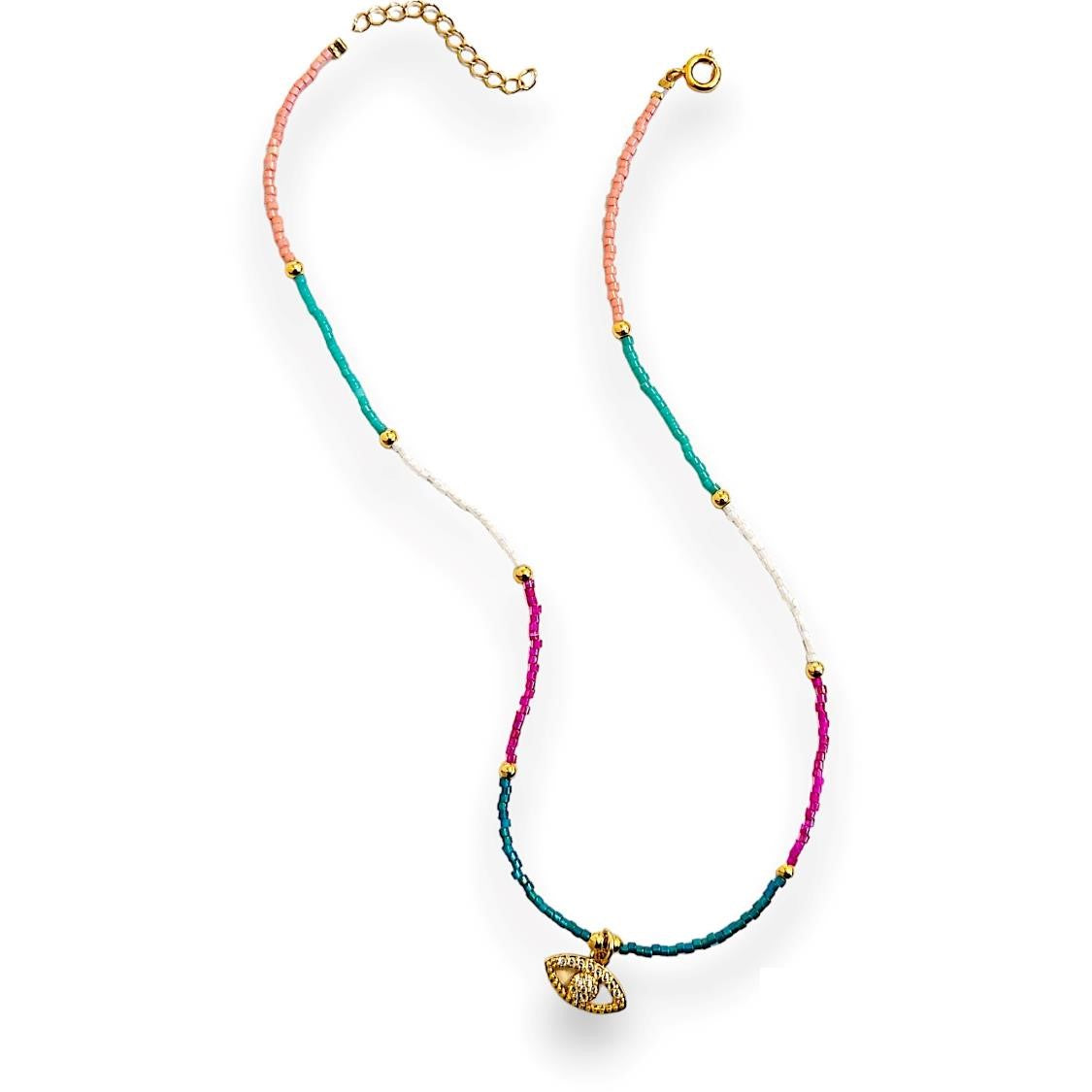 Handmade necklace featuring an array of colourful Miyuki beads and a captivating gold eye pendant