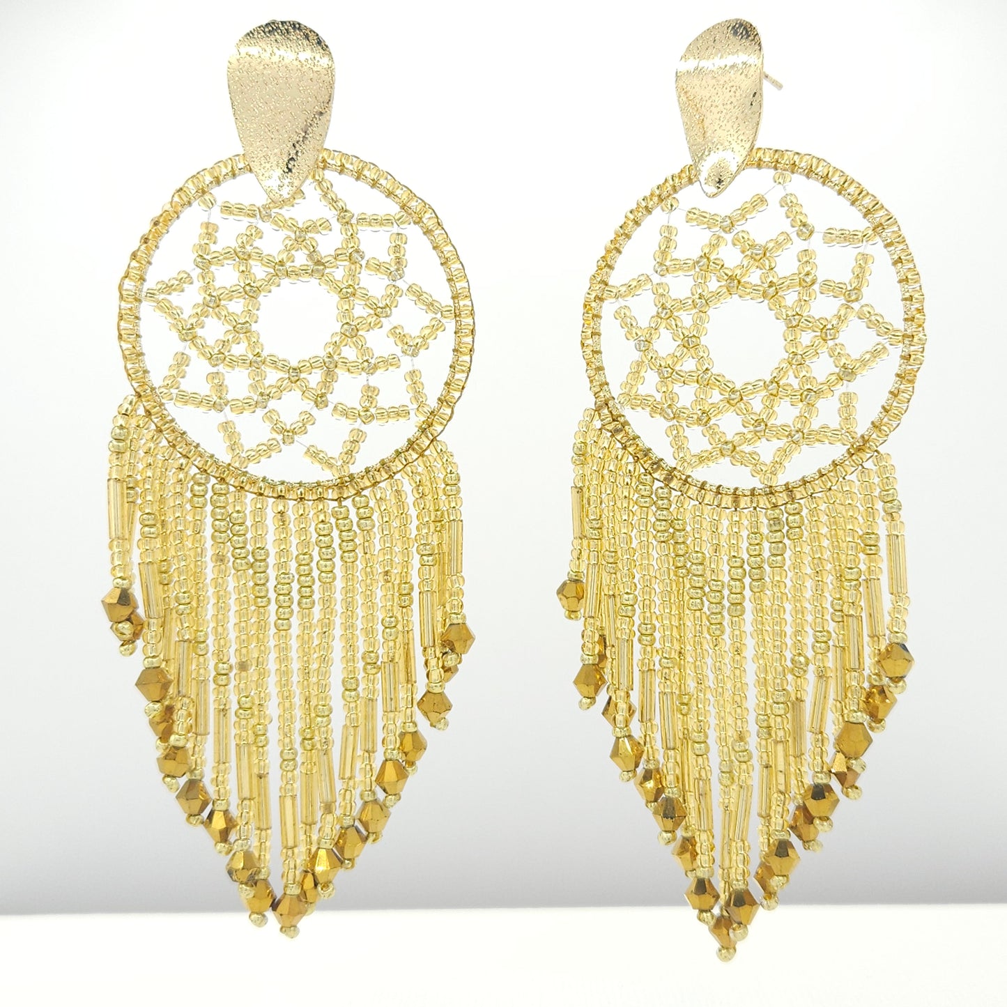 Handmade statement artisanal earrings made of Czech beads and Metal coated in a goldtone finish