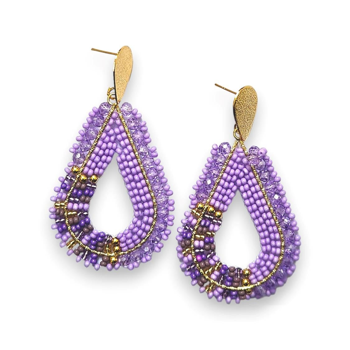 Teardrop-shaped handmade statement artisanal earrings made of purple lavender Czech beads and Metal coated in goldtone finish