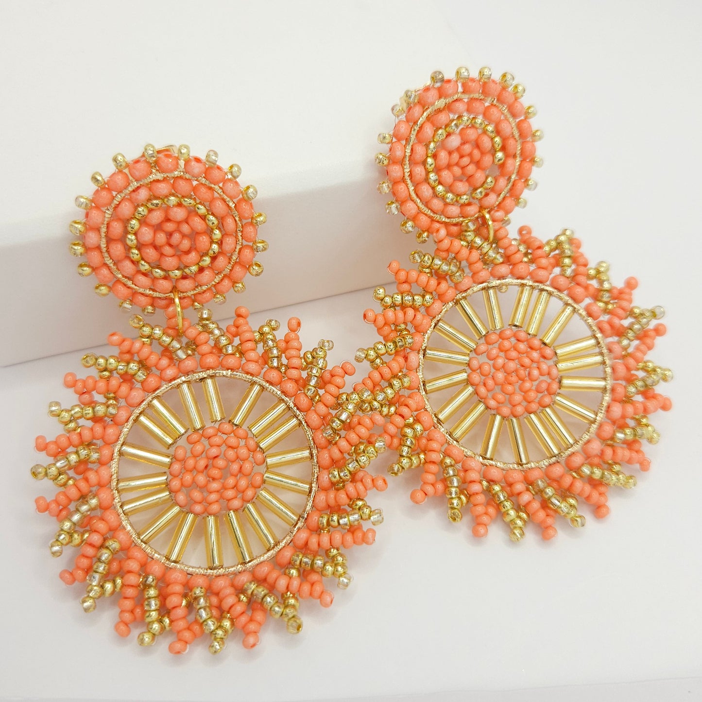 Flaming sun-shaped earrings made of Czech beads and Glass bugle beads