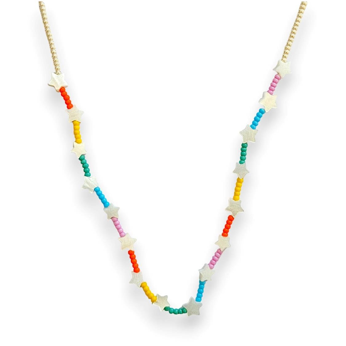 Handmade colourful Czech bead necklace adorned with charming white stars