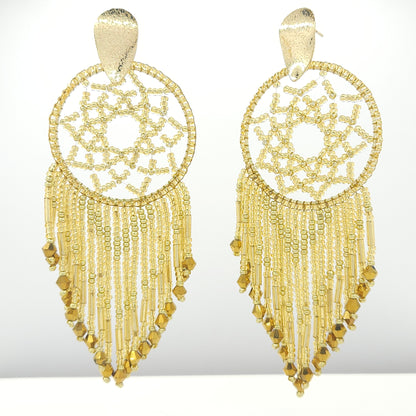 Handmade statement artisanal earrings made of Czech beads and Metal coated in a goldtone finish