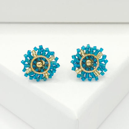 Flower-shaped stud earrings with blue and gold Miyuki beads