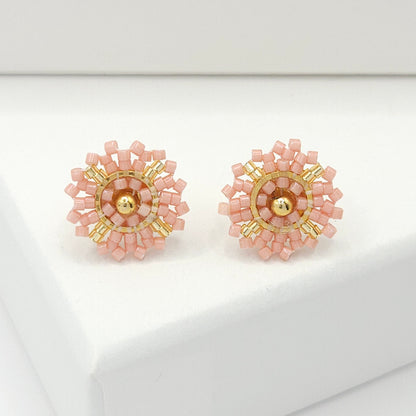 Flower-shaped stud earrings with pink and gold Miyuki beads