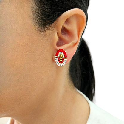 Oval-shaped stud earrings with red and white Miyuki beads