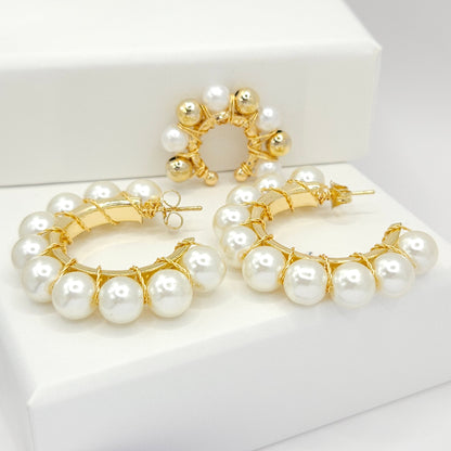 Golden pair of hoops and ear cuff with white pearls