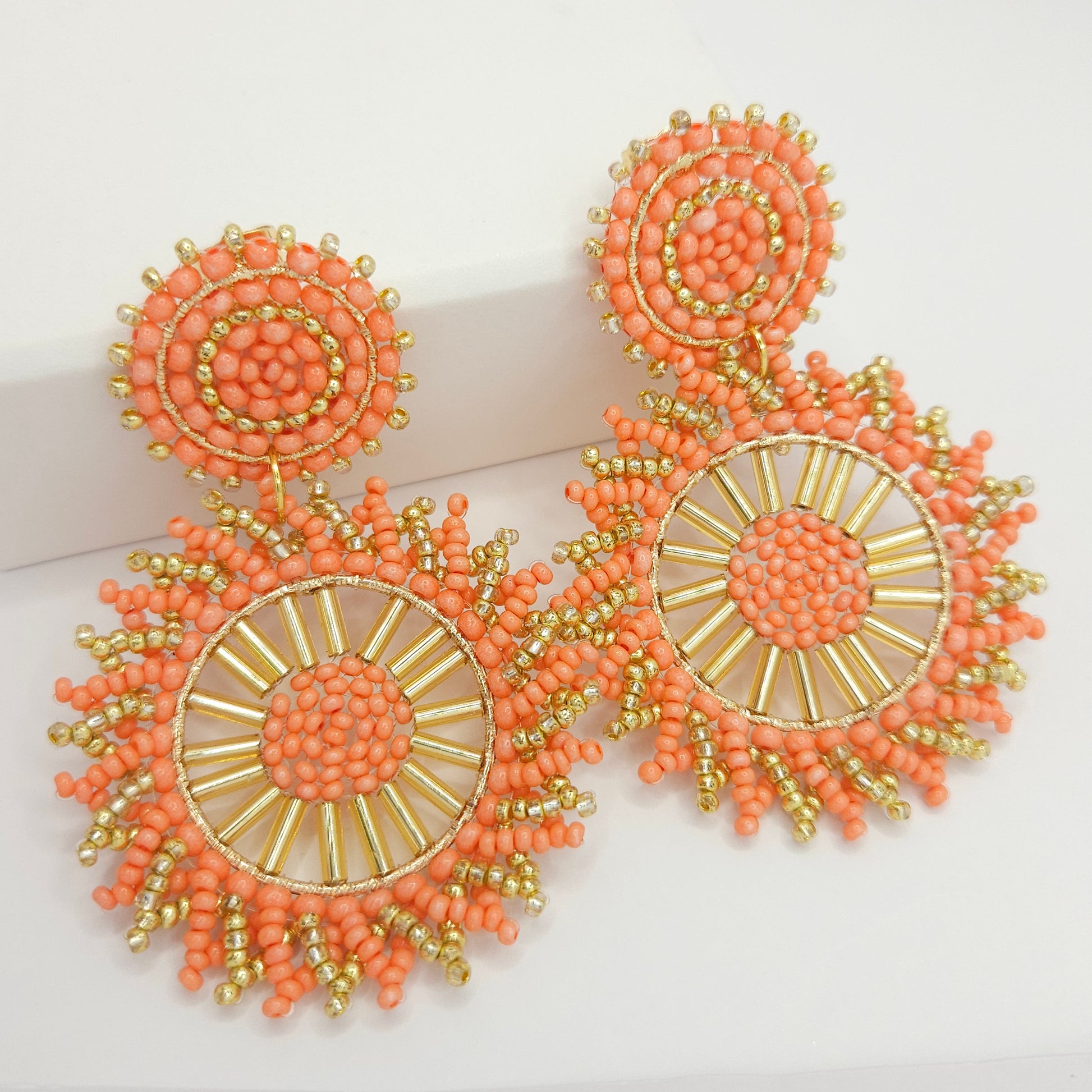 Flaming sun-shaped earrings made of Czech beads and Glass bugle beads