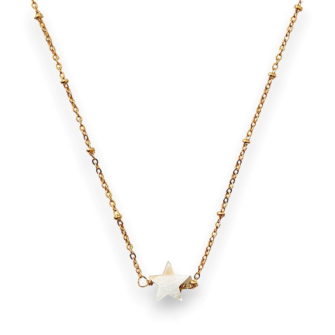 Handmade Star Pendant Necklace, featuring a delicate chain adorned with small spheres in a gleaming goldtone